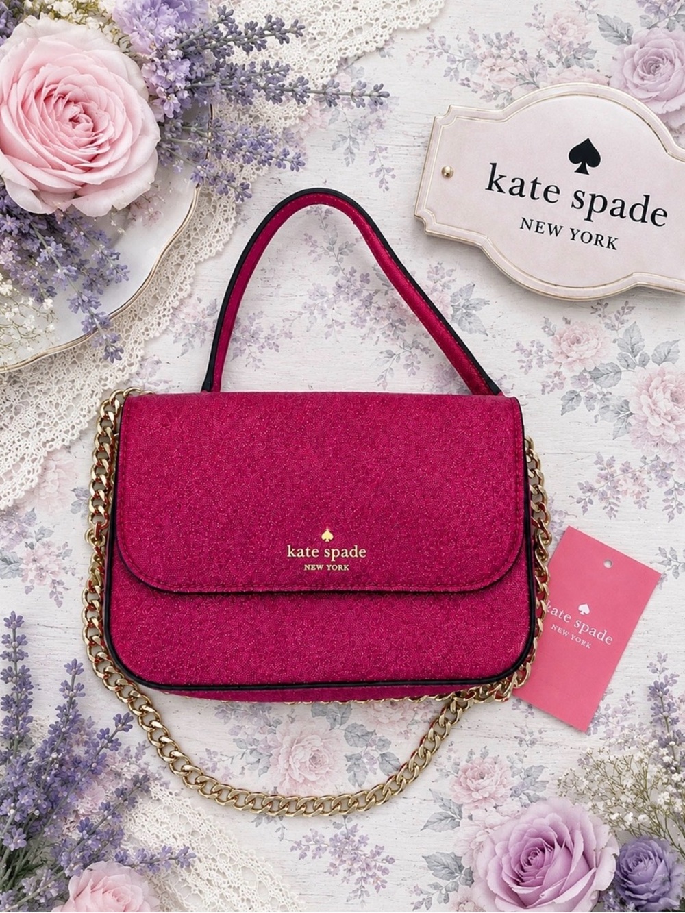 Kate Spade New York Pink Glitter Crossbody Shoulder Bag with Gold
Chain Strap